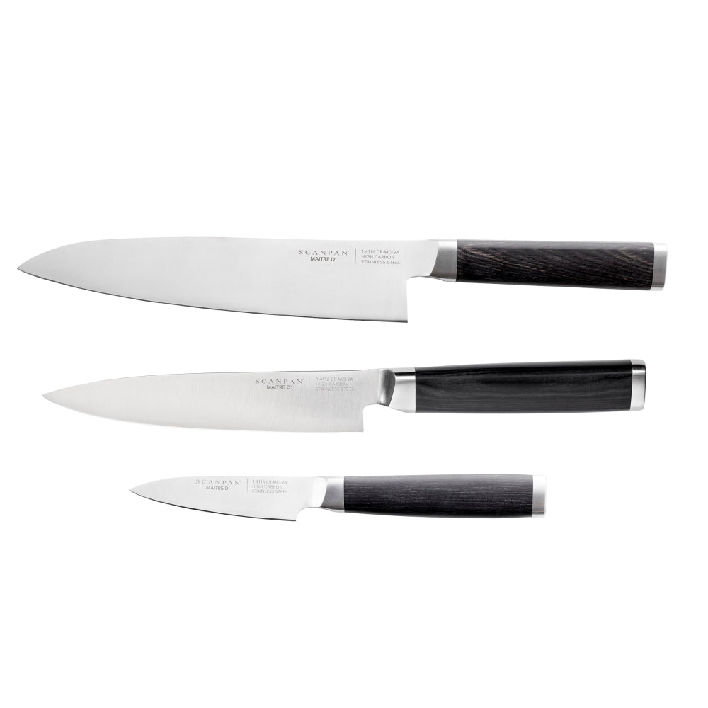 Maitre D' 3 pc Chef Knife Set - Water repellent Black Pakka-wood handle