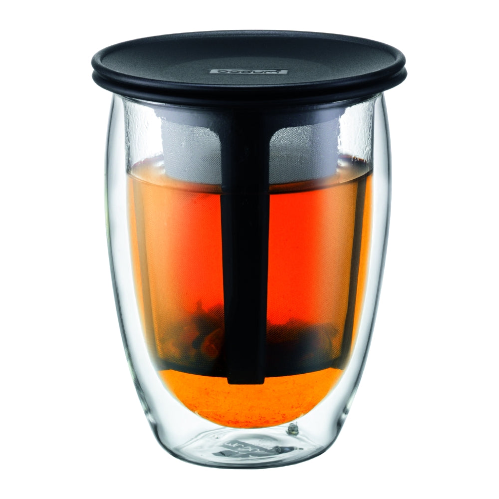 Tea for One Double Wall Glass with Tea Strainer 0.35L Black